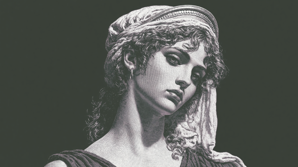 Classical engraved portrait of a contemplative draped muse in monochrome hatching against a nocturnal void